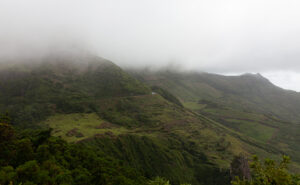 Road on Flores Island, Azores, low clouds, green landscapes