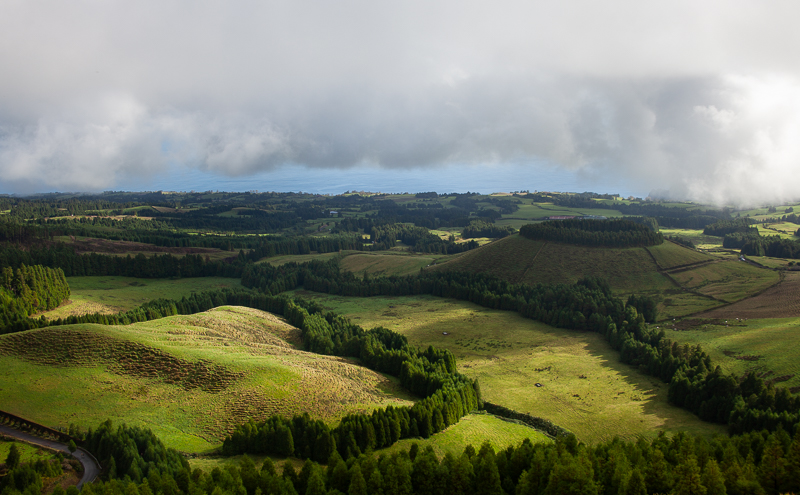 Rolling green hills and patchwork fields in the interior of São Miguel Island, near Sete Cidades