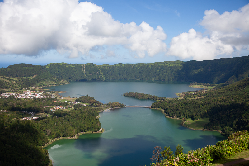 View on Sete CIdeades, lush greenery and turquoise lakes, São Miguel, Azores