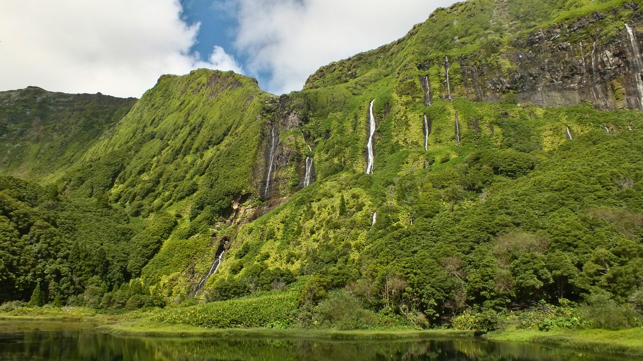 azores, flores, poço ribeira do ferreiro, cliff, waterfalls lake, nature, green, forest